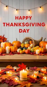 Happy Thanksgiving Day Cornucopia Pumpkins Candles