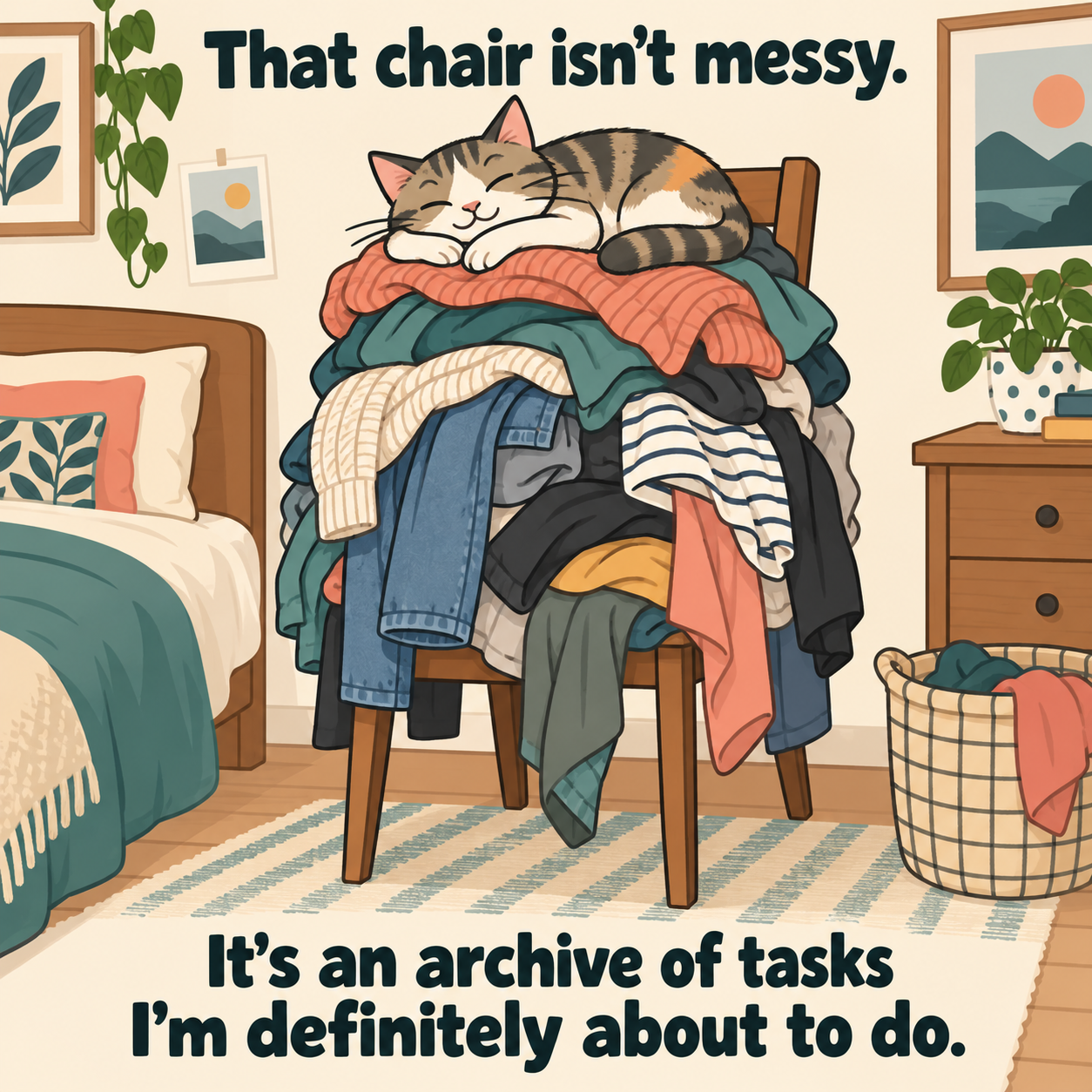 Cartoon of a chair buried under a pile of clothes with a sleeping cat on top, captioned "That chair isn't messy. It's an archive of tasks I'm definitely about to do."