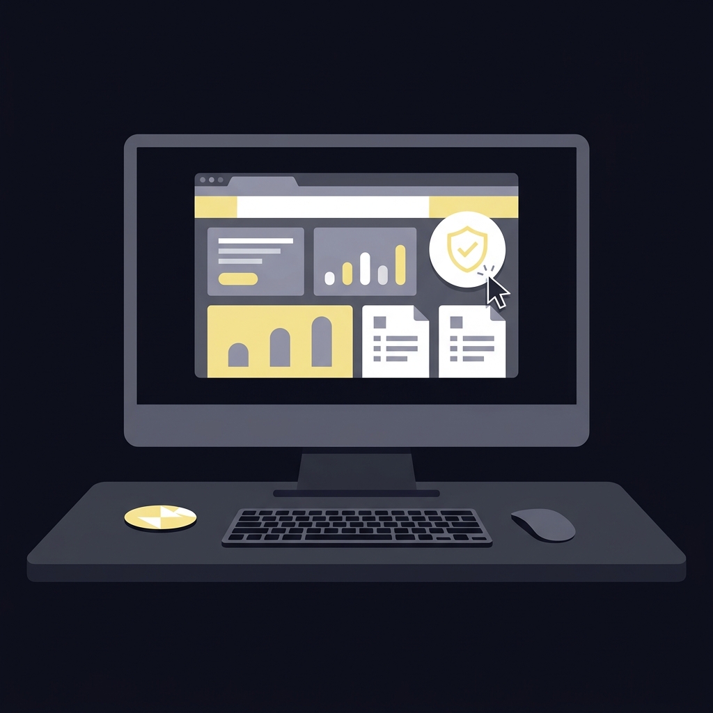 Minimal 2D vector desk scene showing a monitor with a simplified state gaming regulator website layout and a cursor indicating a most bet app compliance check in a dark Funded Plays palette