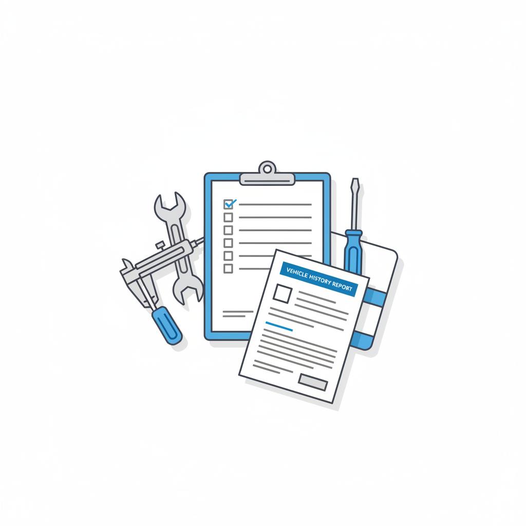 Minimalist 2D vector of a mechanic workbench with checklist inspection tools and a printed vehicle history report emphasizing most reliable car brands with blue accents