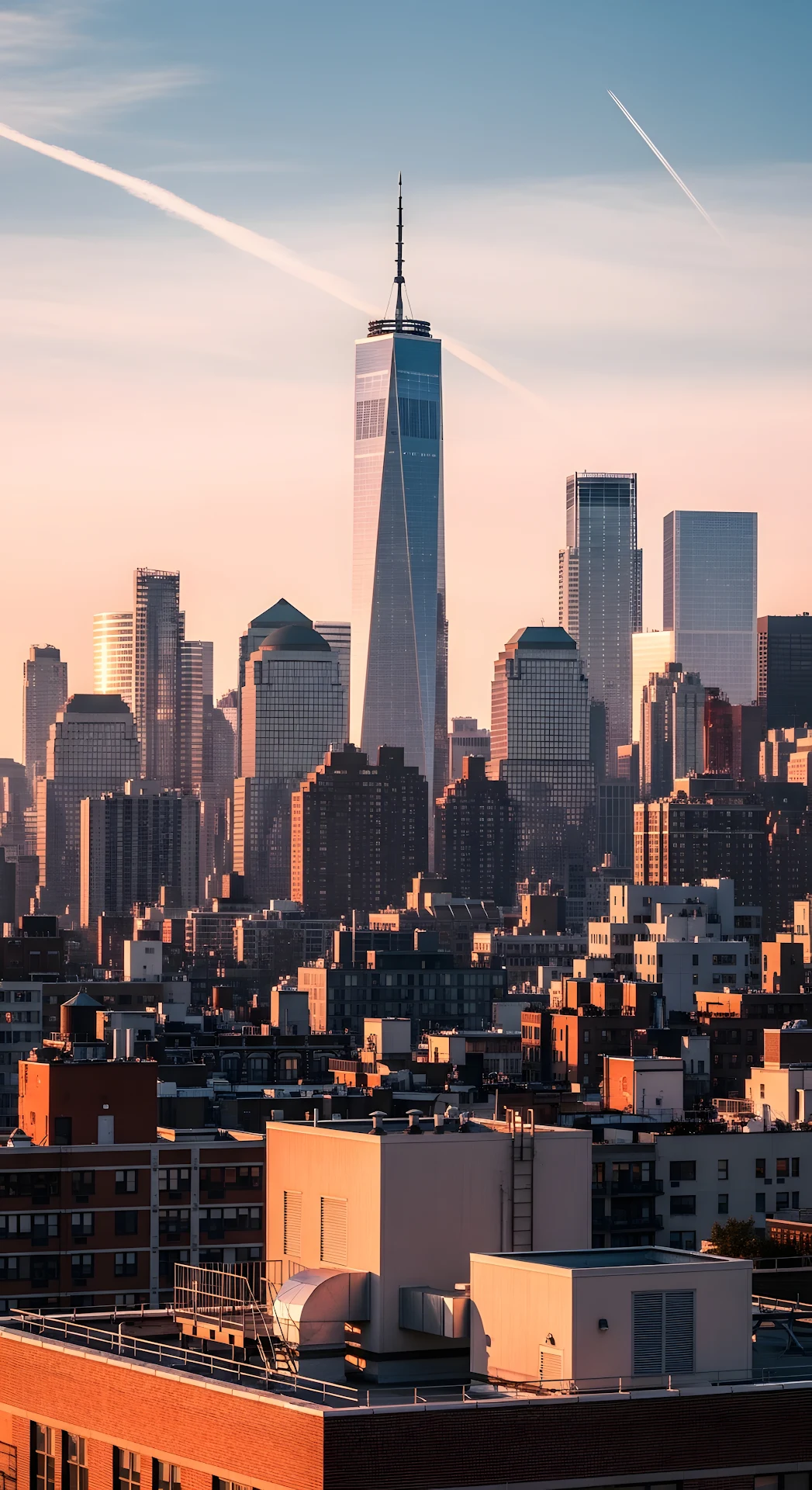 Elevated View of Lower Manhattan Skyline Including One World Trade Center at Sunset - Free 4K mobile Wallpaper