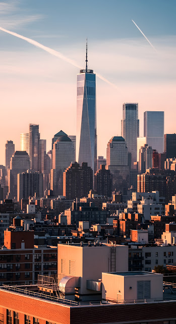 Elevated View of Lower Manhattan Skyline Including One World Trade Center at Sunset - Free mobile Wallpaper
