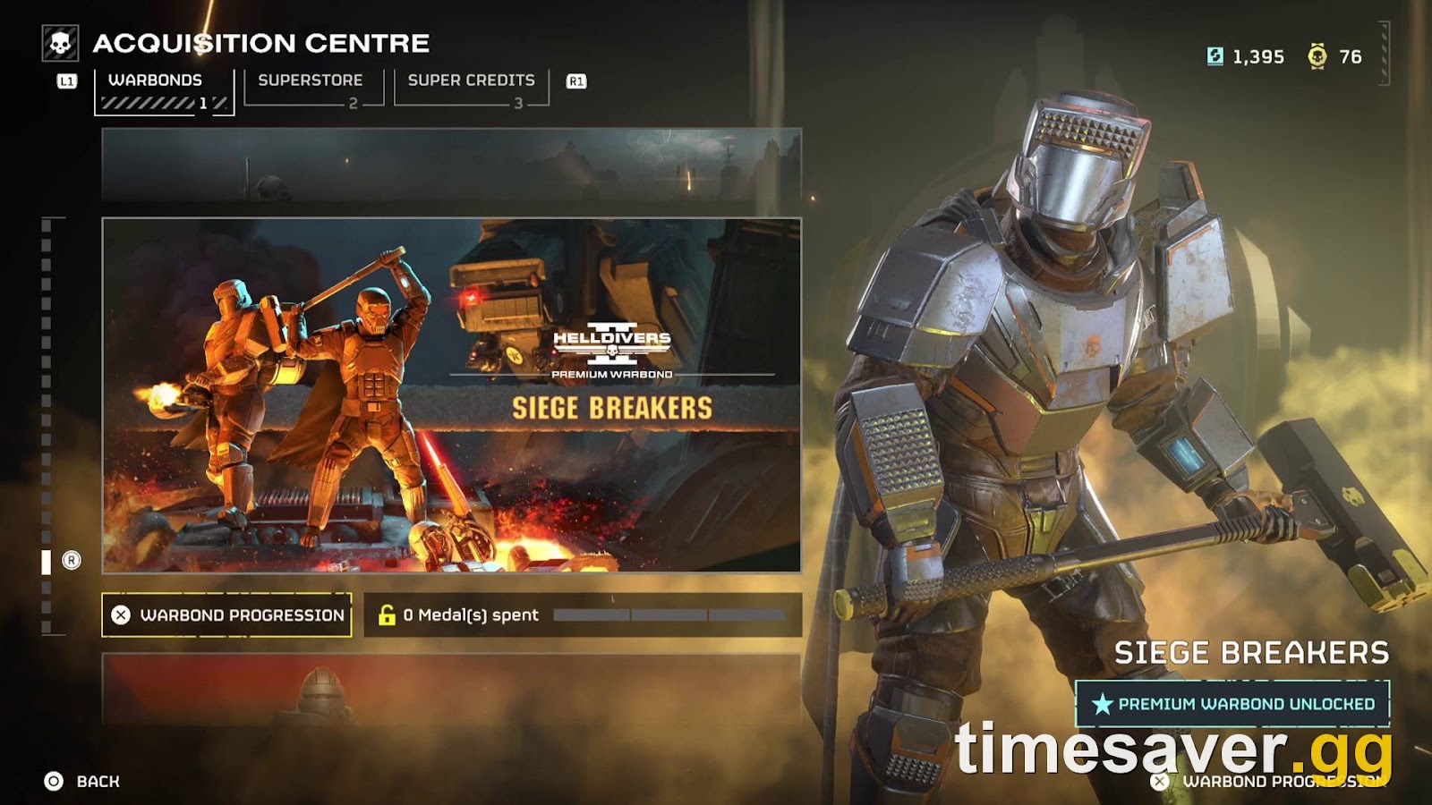 Helldivers 2 Acquisition Centre showing the Warbonds, Superstore and Super Credits tabs with a Super Credit and Medal balance