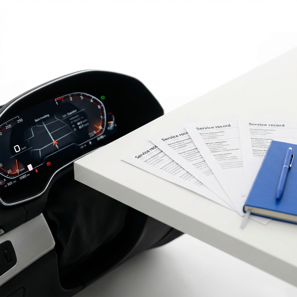 Close up of a vehicle dashboard and service records on a white table with a blue notebook and pen reflecting brand accent, illustrating book value vs market value