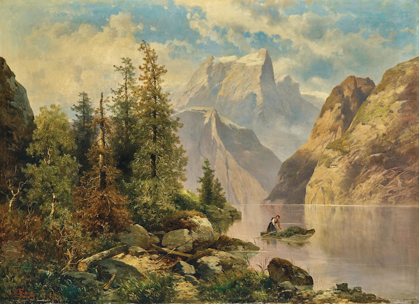 A Mountain Lake with a Boat