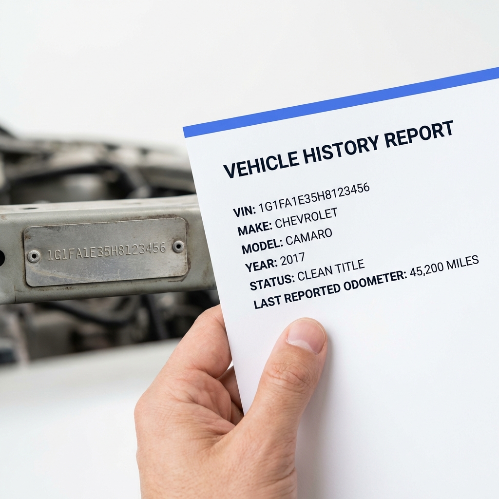 Close up photograph of a Camaro VIN plate and a hand holding a vehicle history report with clear readable text focused on camaros for sale