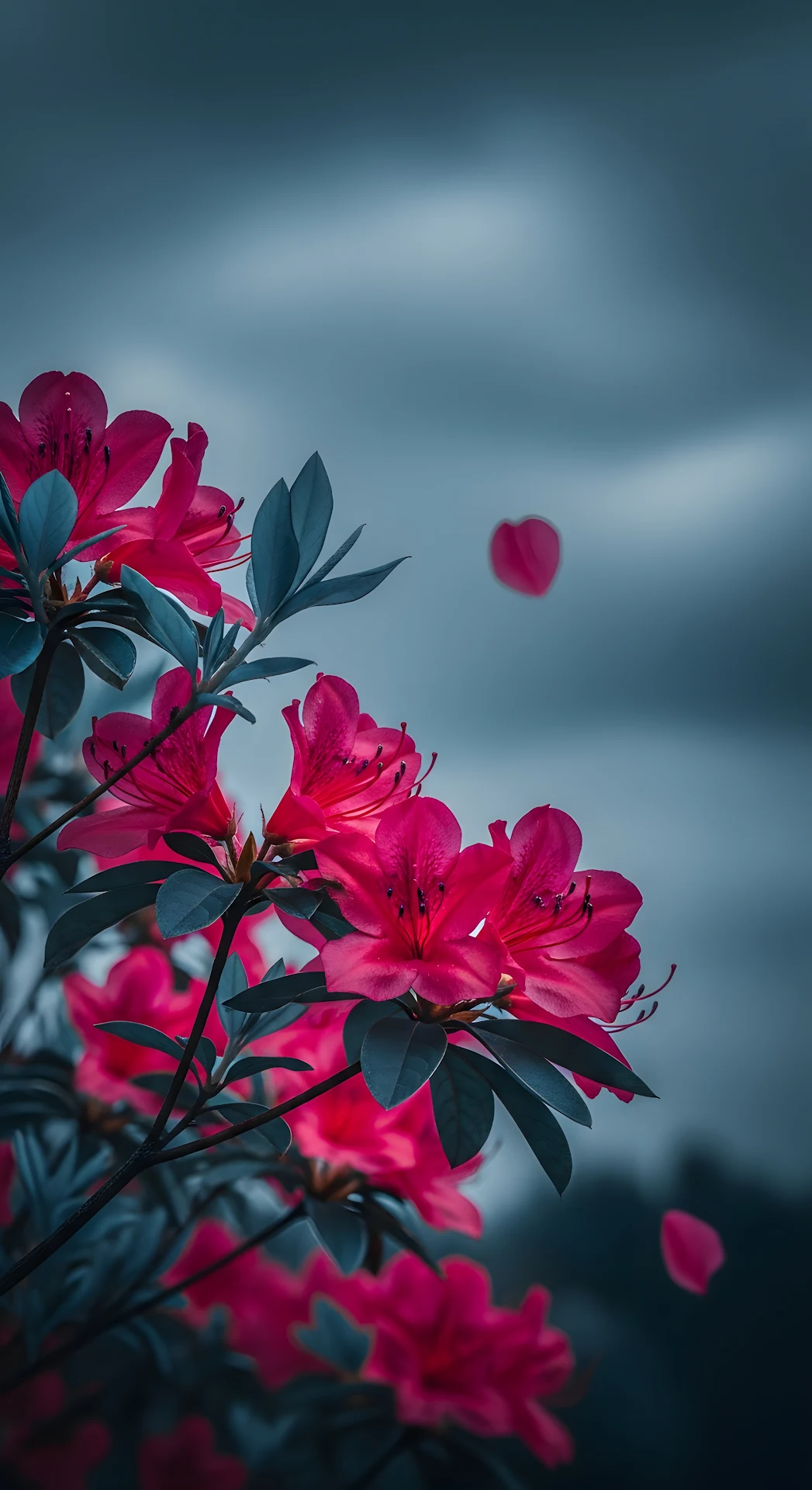 Dramatic Close-up of Vibrant Pink Azalea Flowers Against a Moody Dark Blue-Gray Sky - Free 4K mobile Wallpaper