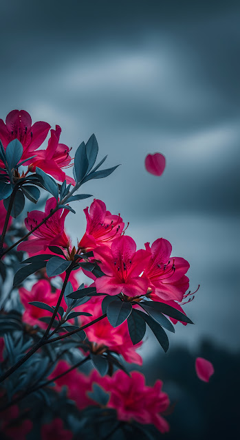 Dramatic Close-up of Vibrant Pink Azalea Flowers Against a Moody Dark Blue-Gray Sky - Free mobile Wallpaper