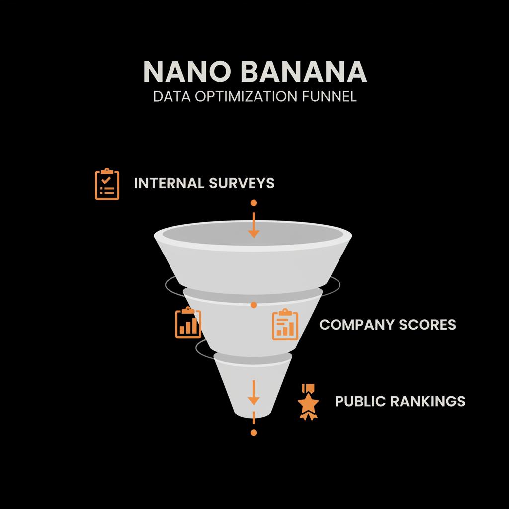 Minimal vector funnel showing steps from internal surveys to public rankings — How does Forbes pick the best employers? on a black brand background.