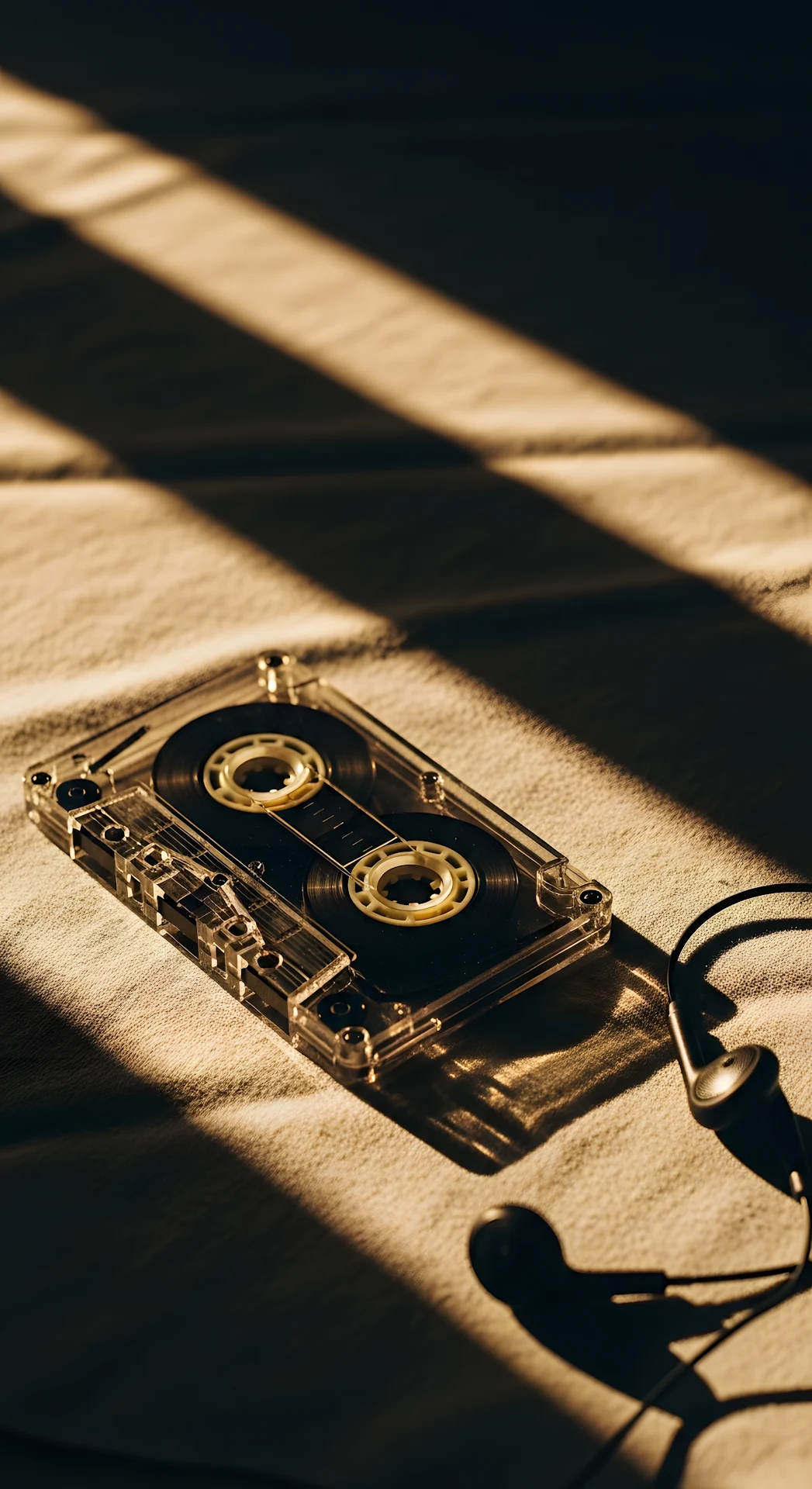 Retro Still Life of Clear Cassette Tape and Earphones in Golden Hour Sunlight - Free 4K mobile Wallpaper
