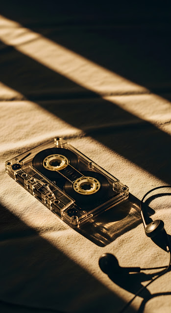 Retro Still Life of Clear Cassette Tape and Earphones in Golden Hour Sunlight - Free mobile Wallpaper