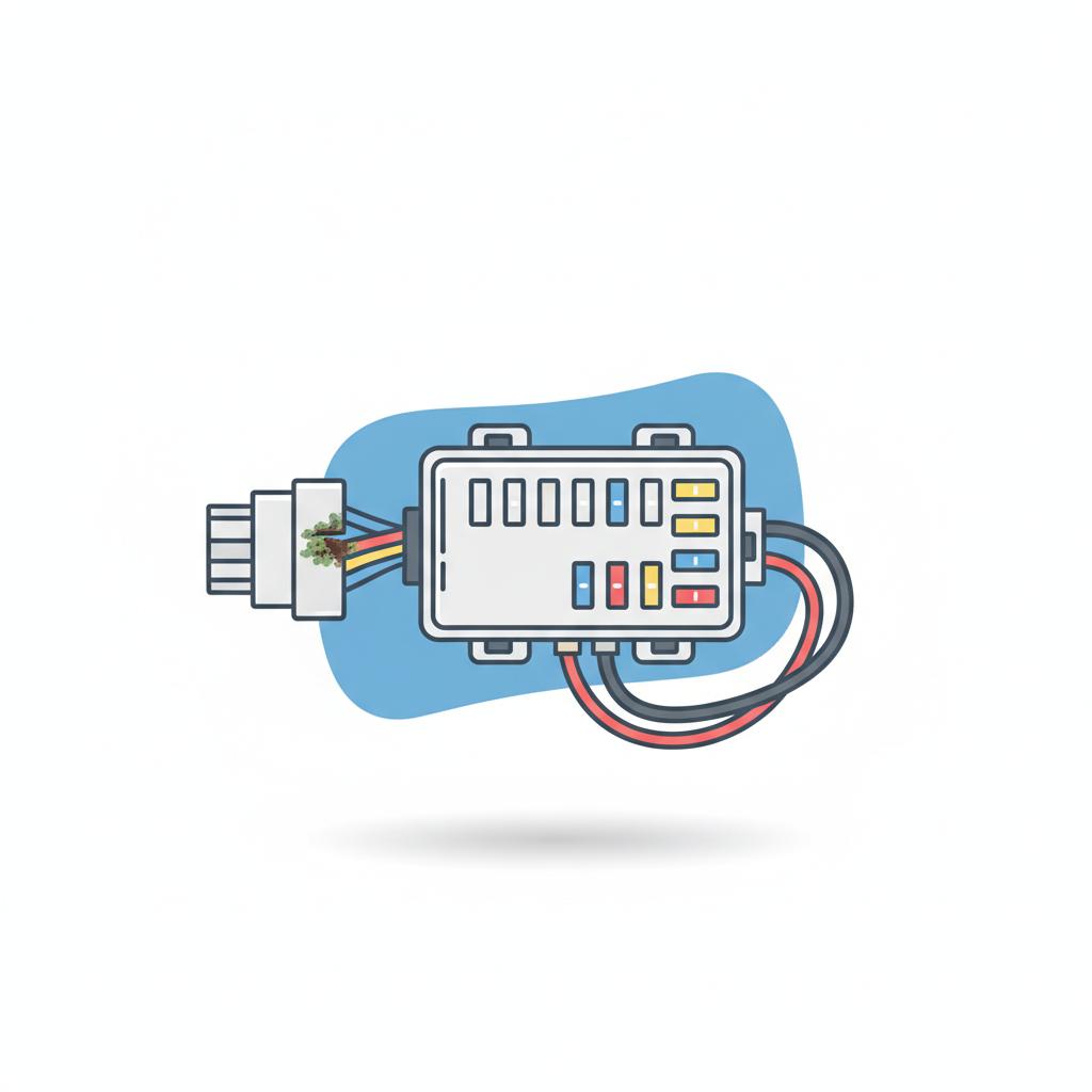 Minimalist vector close up of a vehicle fuse box with a corroded connector illustrating common Dodge problems with subtle brand blue accent on white background