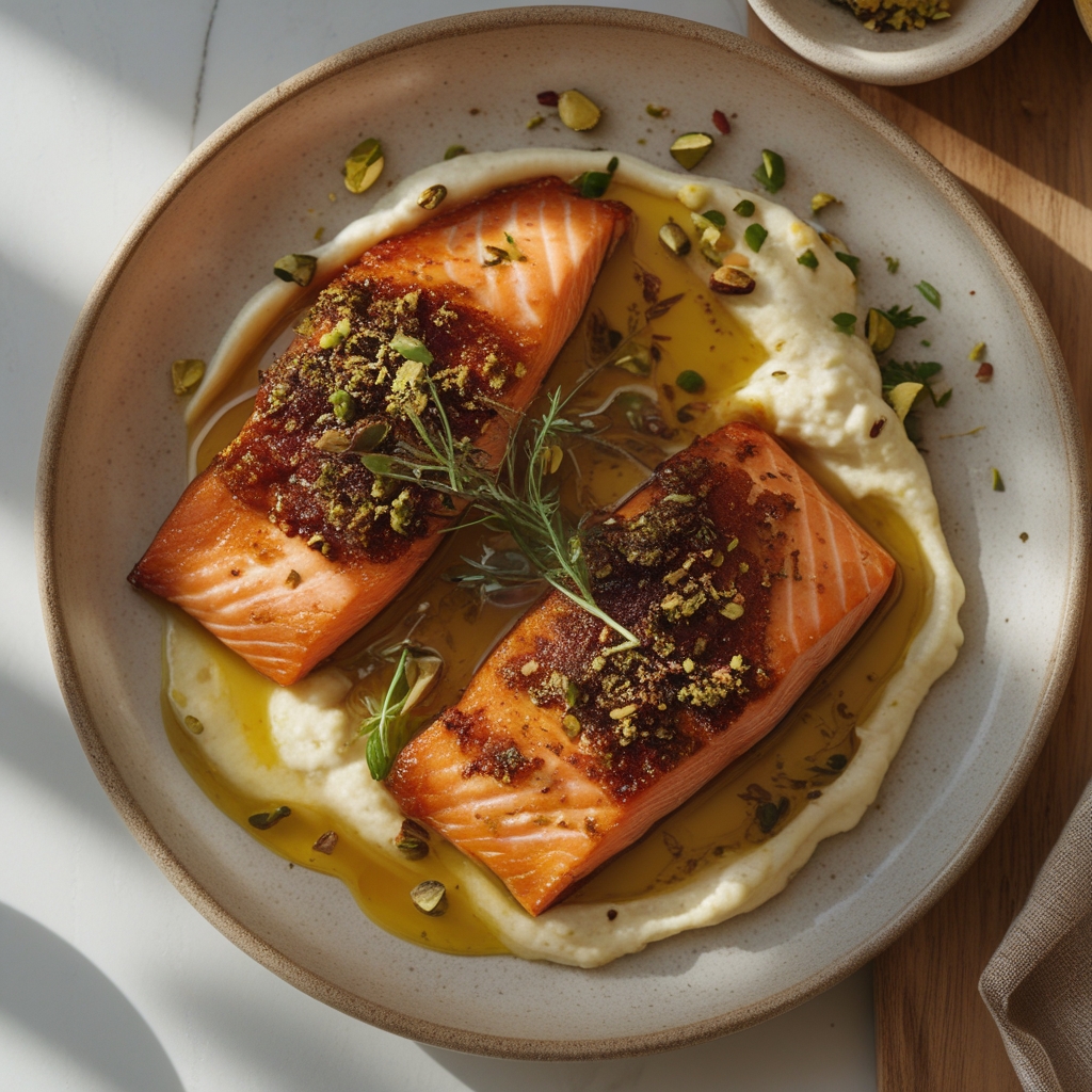 Crispy Harissa Salmon & Whipped Pistachio Labneh Protein Plates