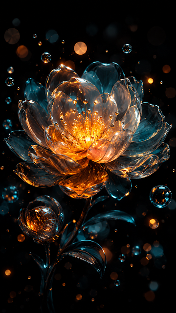 Abstract Glowing Glass Flower and Floating Liquid Droplets Wallpaper - Free mobile Wallpaper