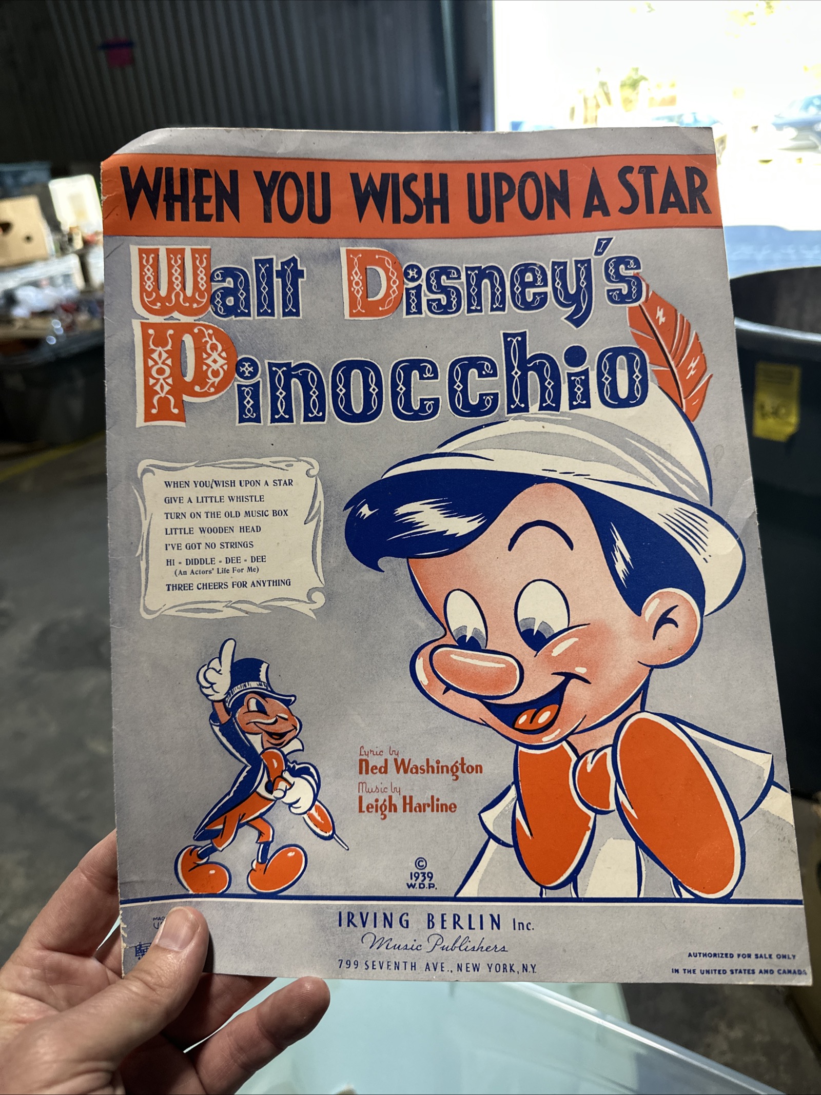 Original 1939 sheet music for When You Wish Upon a Star from Pinocchio, published by Irving Berlin Inc., approximately 9 by 12 inches