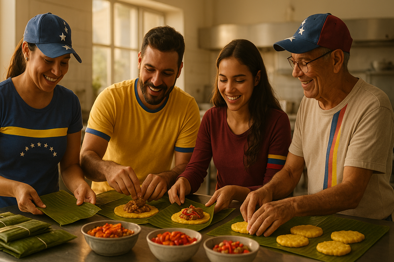 Manos venezolanas preparando hallacas en una mesa compartida con ambiente cálido