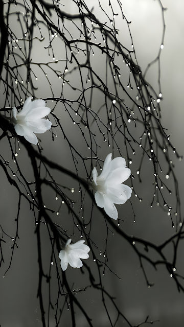 White Magnolia Blossoms on Rain-Drenched Branches - Free mobile Wallpaper