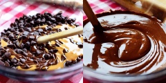 Cho 200g chocolate chip cùng 50g bơ đậu phộng vào tô thủy tinh chịu nhiệt. Đem vào lò vi sóng quay chảy hỗn hợp.