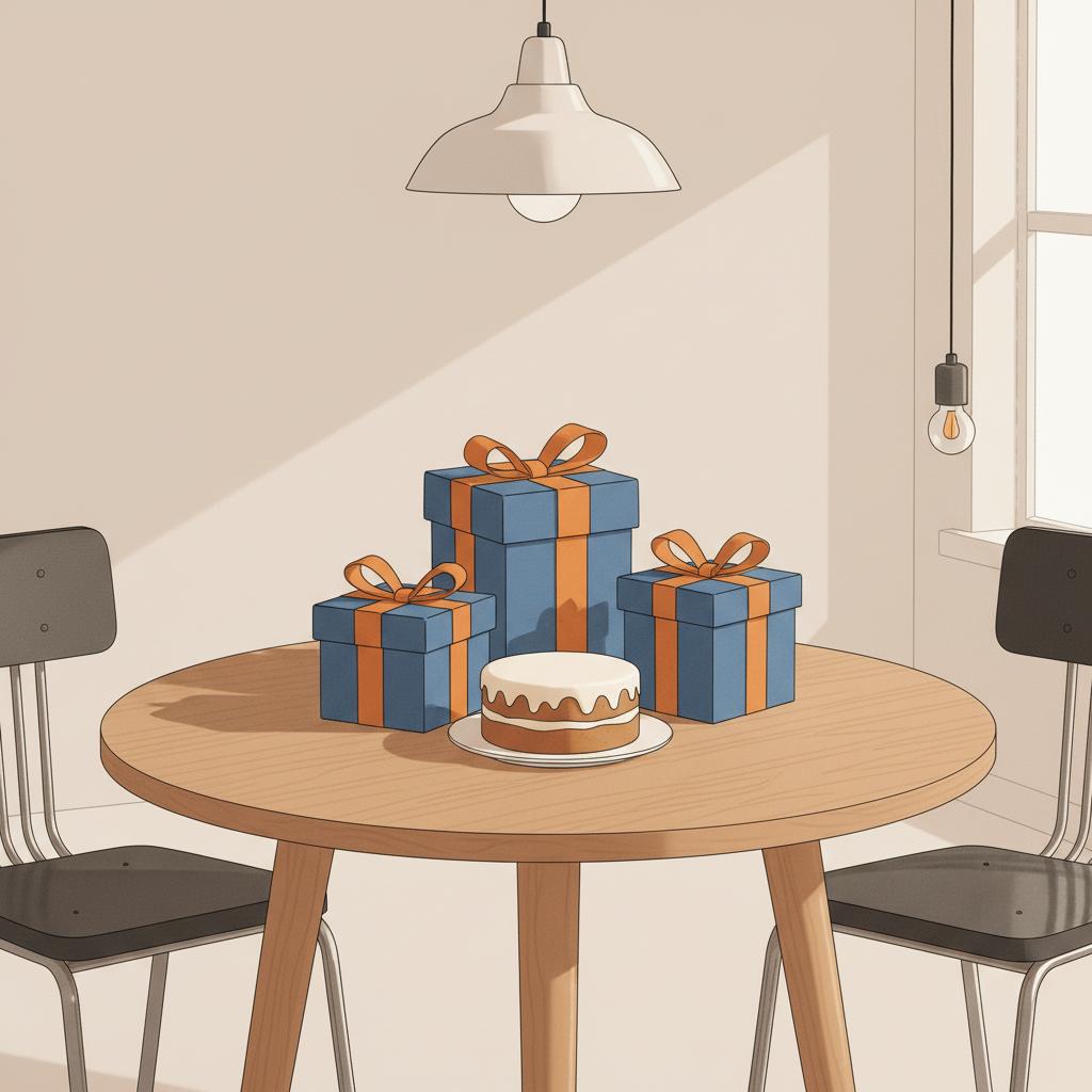 Minimalistische 2D-Vektoransicht eines runden Holztisches mit drei verpackten Geschenken und einem Vanillekuchen, Steelmonks-Farben, ideal für geschenkideen für 16-jährige