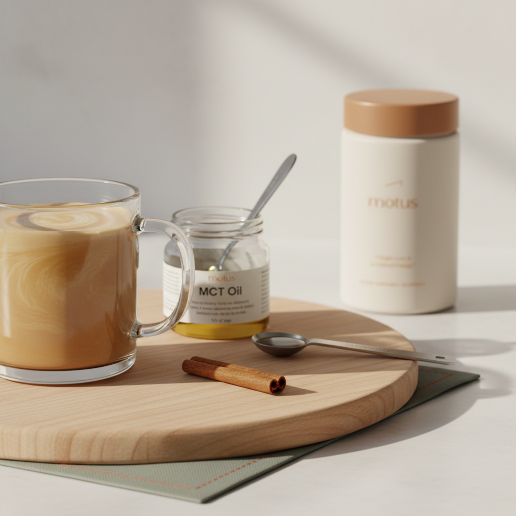 coffee weight loss hack: minimalist kitchen close-up with creamy blended coffee in an 8–12 oz glass, ½ teaspoon of MCT oil, cinnamon stick, and Tonum Motus jar in background