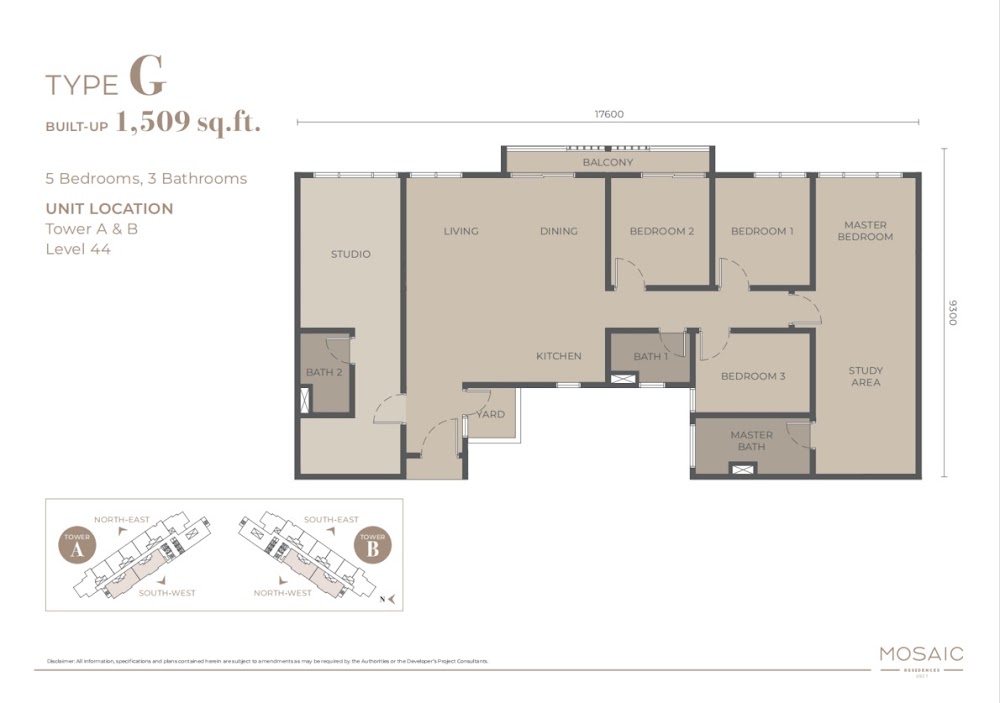 Mosaic Type G floor plan — 1509 sq ft, 3 bedrooms