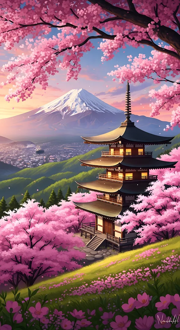 Japanese Pagoda in Pink Cherry Blossom Landscape Painting
