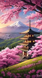 Japanese Pagoda in Pink Cherry Blossom Landscape Painting
