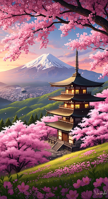 Japanese Pagoda in Pink Cherry Blossom Landscape Painting - Free mobile Wallpaper