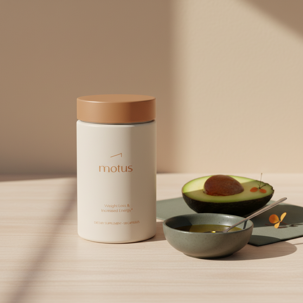 Which vitamin should not be taken together? Tonum Motus bottle on a light wooden table beside a small bowl of olive oil and sliced avocado in soft natural light.
