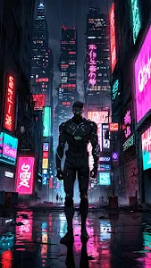 Cyberpunk Vigilante in Neon-Soaked Tokyo City Street