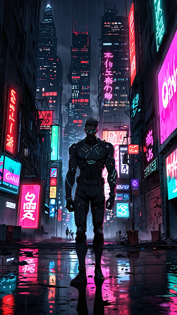 Cyberpunk Vigilante in Neon-Soaked Tokyo City Street - Free mobile Wallpaper