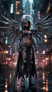 Cyberpunk Angel with Mechanical Wings in Rainy City Alley