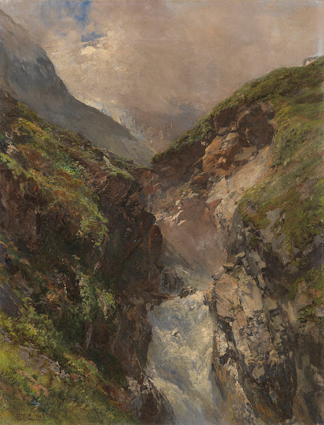 Gebirgsschlucht mit tosendem Wasserfall Ca 1880