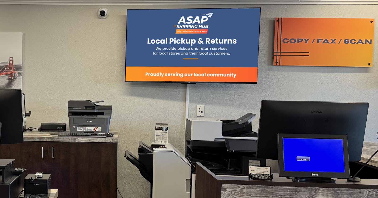 The service counter at ASAP Shipping Hub in Pleasanton, with the wall screen reading Local Pickup and Returns, proudly serving our local community