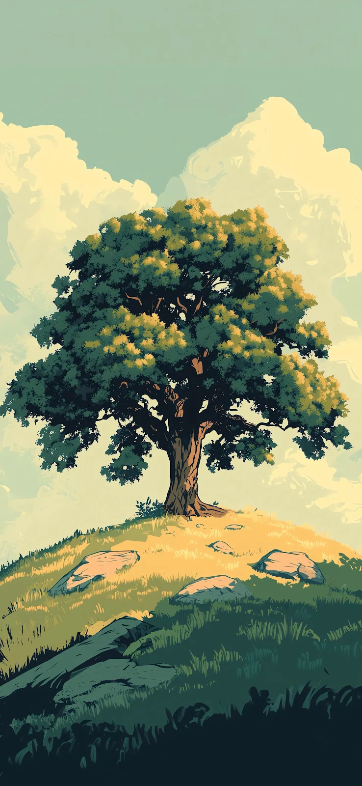 Lone Tree On Sunny Hill - Digital Illustration 2K iPhone Wallpaper (1720x3728)