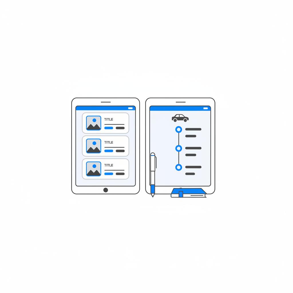 Minimalist 2D vector side by side screens showing local dealer listings and a VIN check vehicle history report with pen and notebook in CarFax Deals style kelley blue book trucks