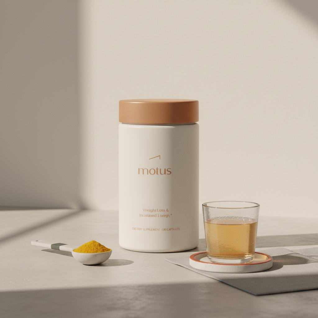 Tonum Motus container on a neutral countertop beside a measuring spoon of turmeric and a small glass of diluted apple cider vinegar, illustrating a golden drink that lowers blood sugar in a minimalist kitchen scene.