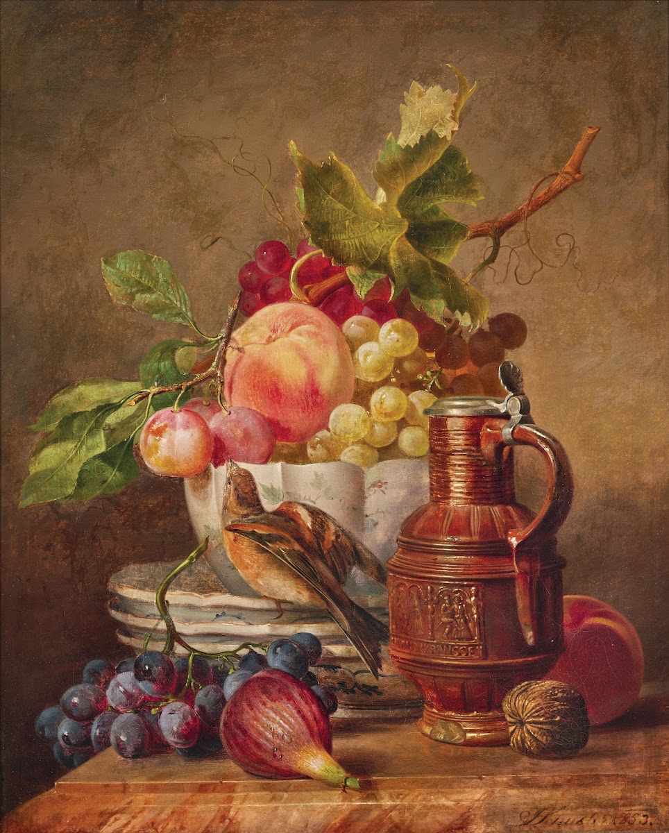 Fruit Still Life with a Goldfinch and a Wine Jug 1853