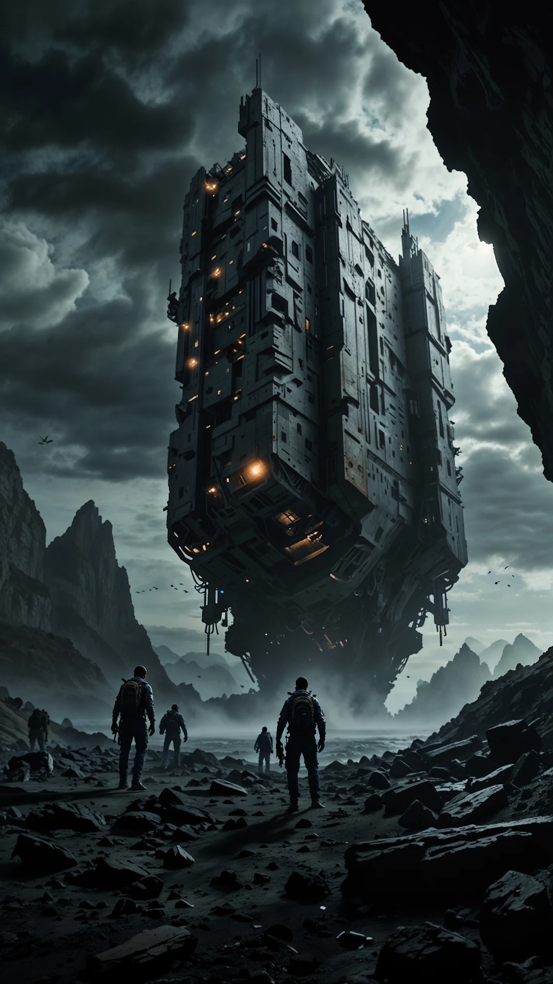 Massive Spaceship Hovering Over Desolate Landscape - Free 4K mobile Wallpaper