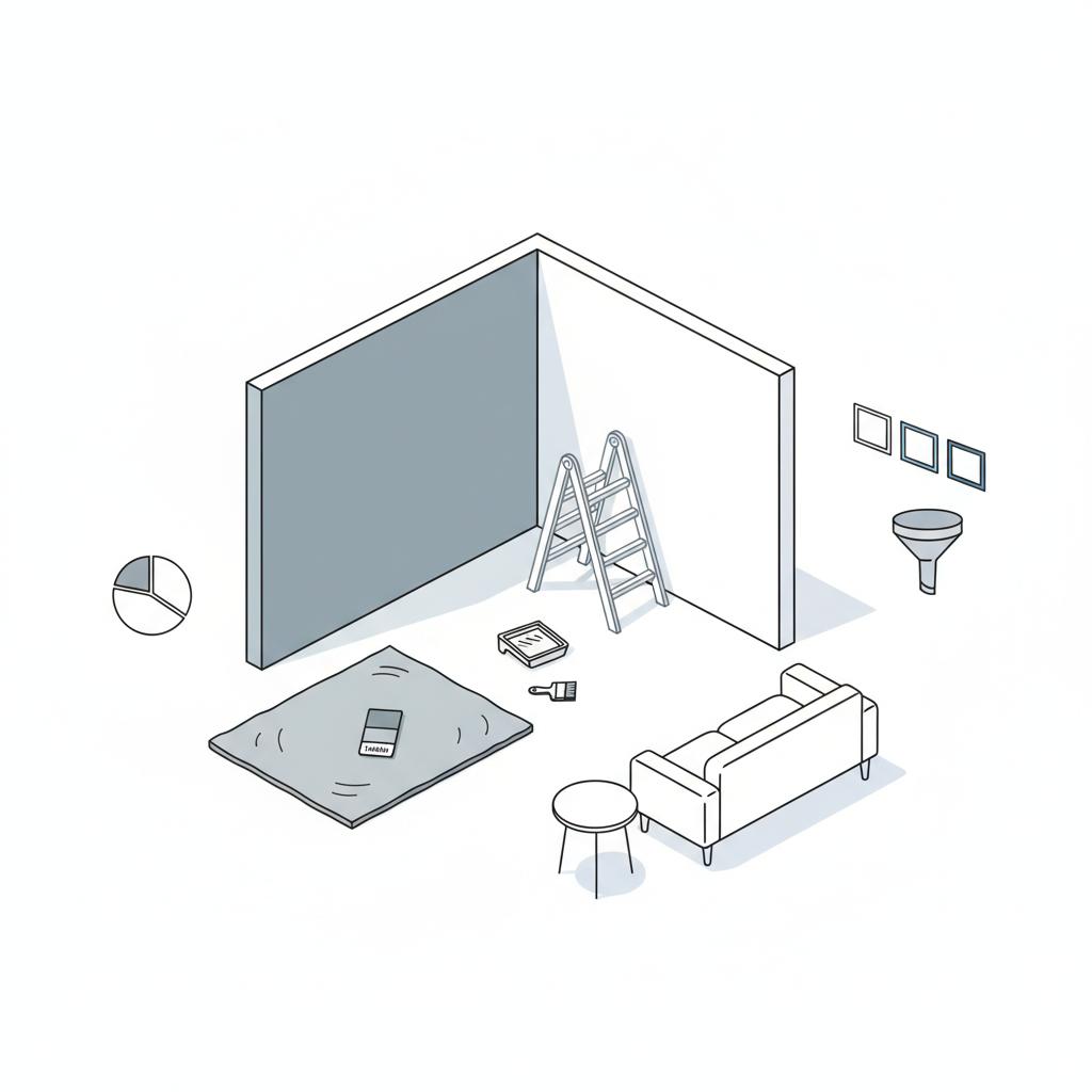 Minimal 2D vector top-down living-room corner mid-transformation: half-painted wall, drop cloth, blurred ladder, #1a5bfb accent &mdash; TikTok marketing for painters