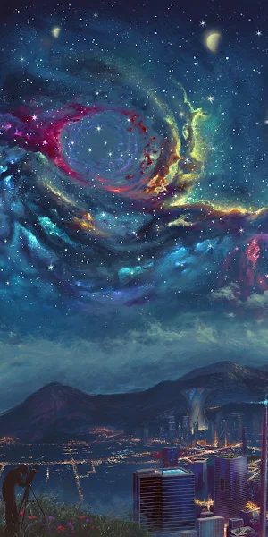 Starry Night, Moon Castle, Anime Sky, Moon (Artist), Nature 4K Wallpaper Background