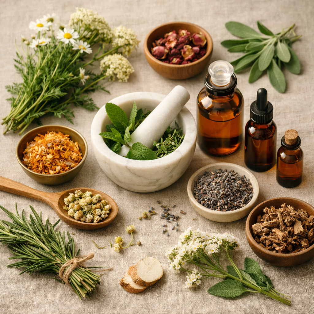 Medicinal herbs and apothecary bottles