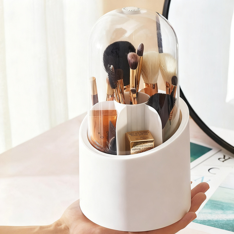 Rotating cosmetic organizer with lid