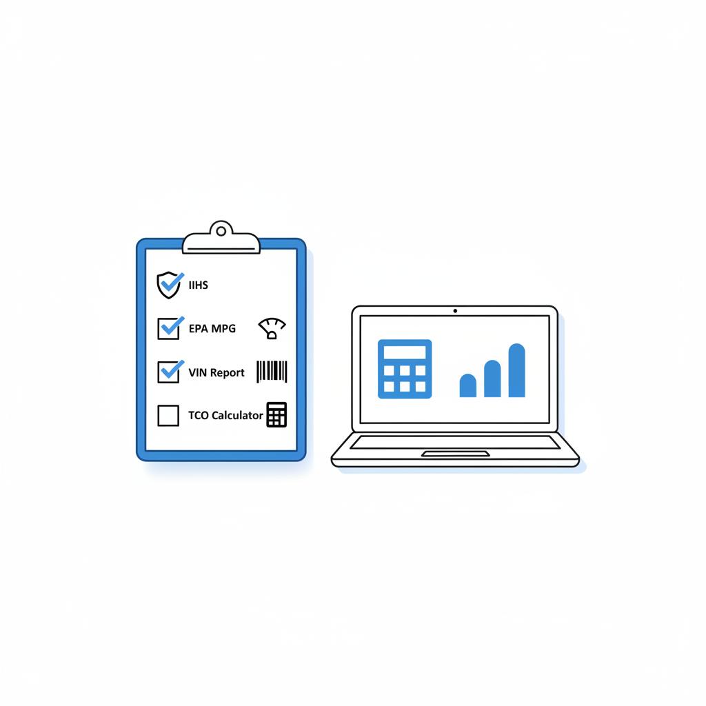 Minimalist 2D vector of a clipboard checklist with icons for IIHS fuel efficiency VIN and a laptop showing a TCO calculator in CarFax Deals blue for honda car dealer near me