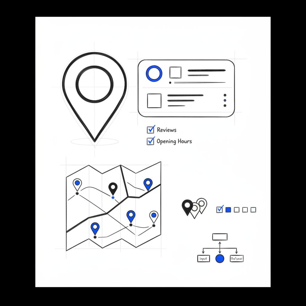 Notebook-style sketch of local search and listings with a hand-drawn map marker, business profile card and checkboxes for reviews and hours to advertise your accounting business