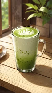 Matcha Latte with Leaf Art on Wooden Table