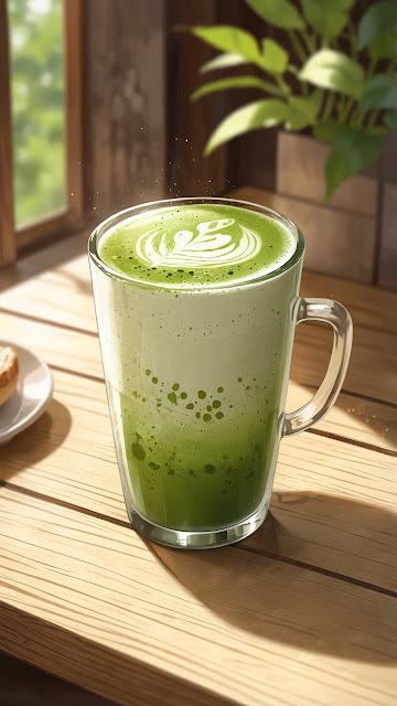 Matcha Latte with Leaf Art on Wooden Table - Free mobile Wallpaper
