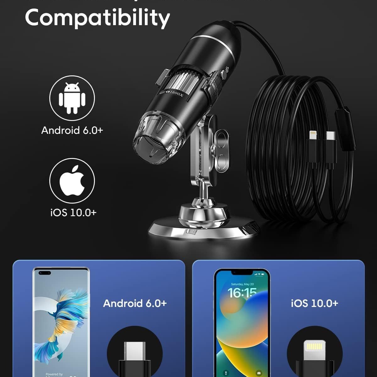 Digital microscope, 1600x magnification, USB operation
