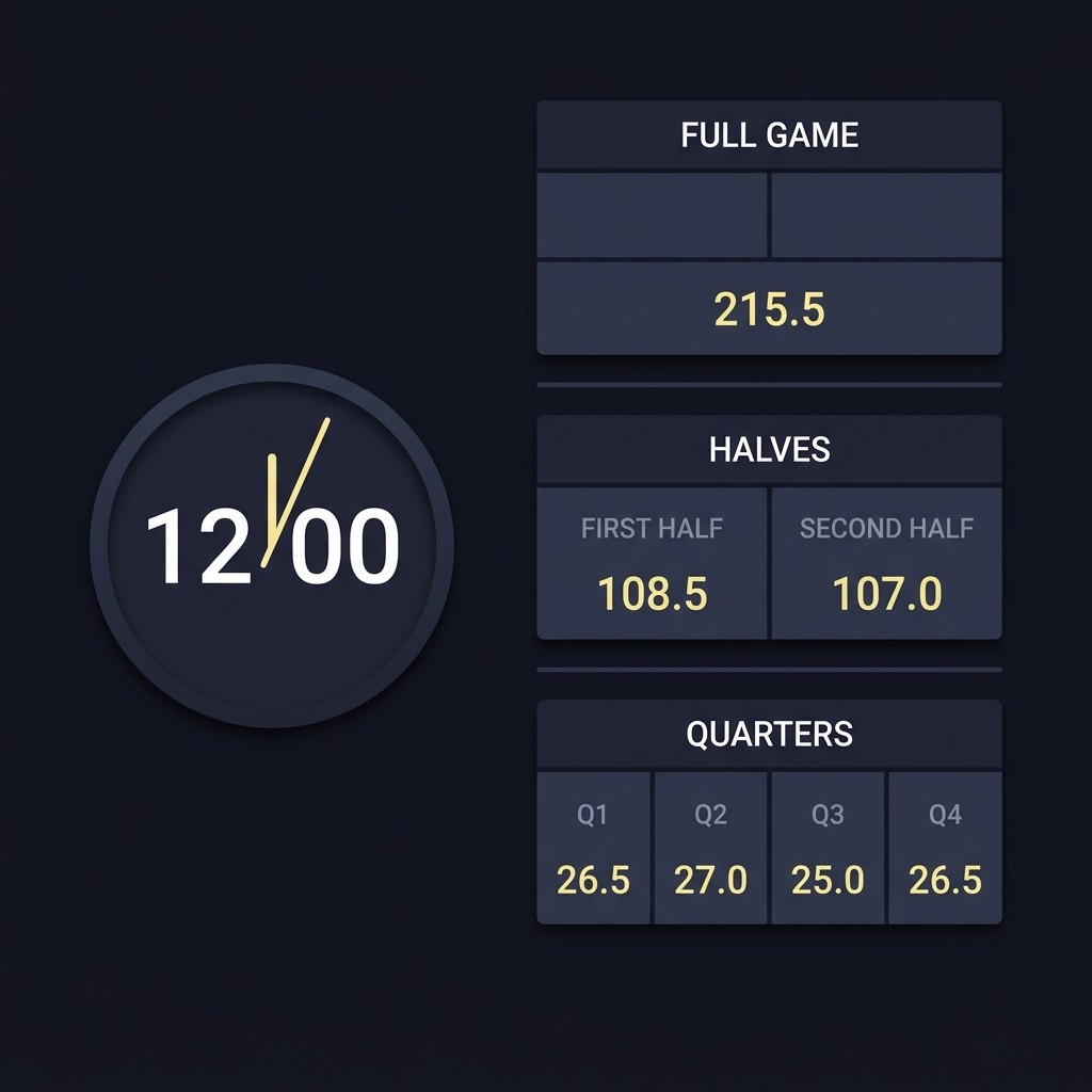 Minimalist diagram showing a game clock and segmented boxes for full game halves and quarters with example totals what is a total or over under