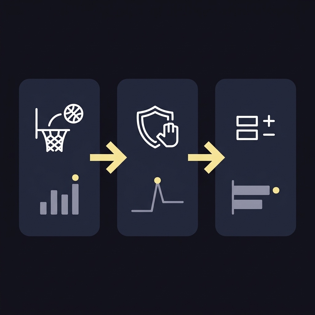 Minimalist 2D vector infographic showing three panels for Offensive Rating Defensive Rating and Net Rating with stylized icons and comparison arrows in Funded Plays brand colors clippers prediction